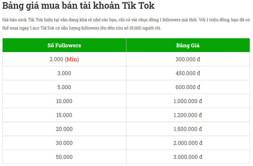 bảng giá mua tài khoản tik tok