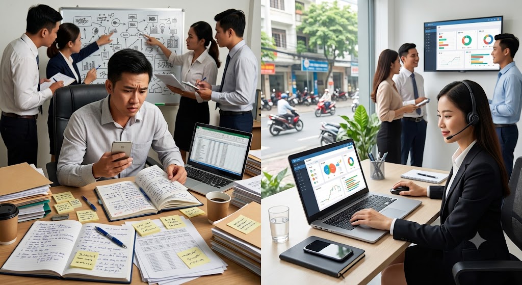 Ảnh 2: so sánh thực tế quản lý bđs bằng excel zalo vs dùng phần mềm crm bđs