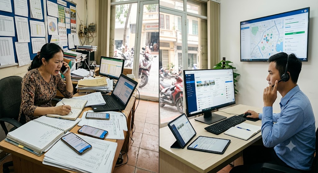 Ảnh 3: so sánh vận hành sàn tái định cư khi dùng crm vs không dùng crm